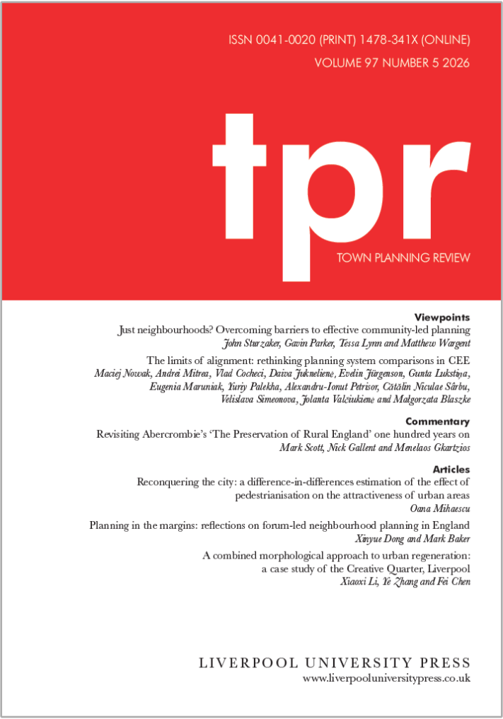 Journal cover of Town Planning Review (TPR). A bright red colour block sits in the top third of the cover with the letters 'tpr' in a lowercase white blocky font, with ‘Town Planning Review’ in a smaller white text in capital letters below. The rest of the cover is white with the table of contents in small black printed listed down the front on the right hand side. At the bottom, the publisher’s imprint reads ‘Liverpool University Press’ in small caps with the website URL underneath.
