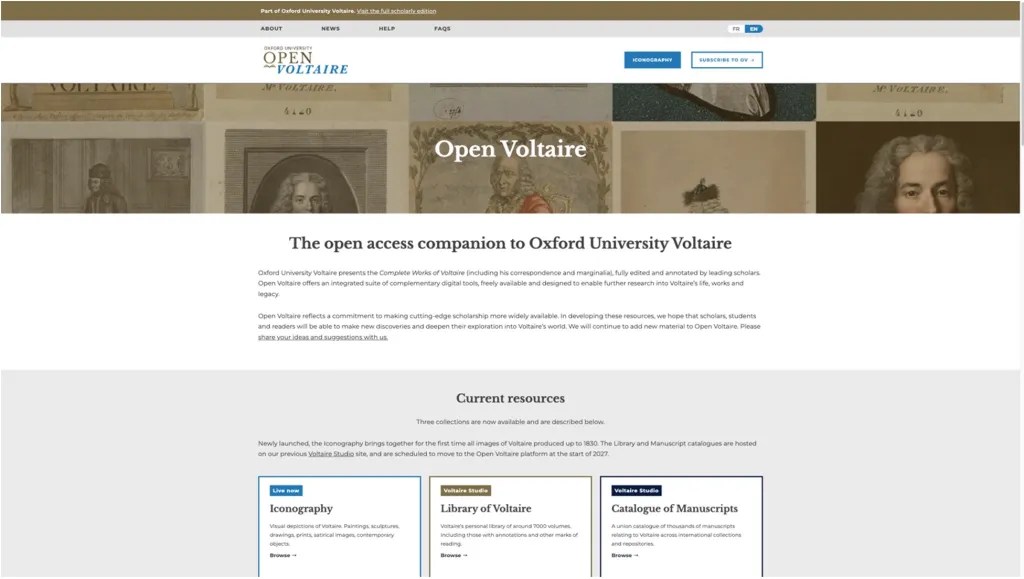 A screenshot of the home page of Open Voltaire.
